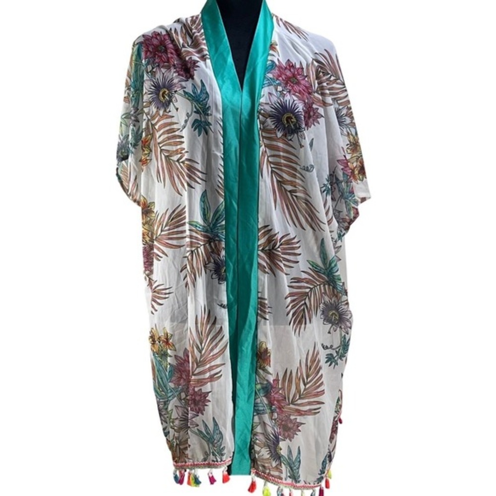 Jasambac Women XL Floral‎ Kimono Cardigan Tropical Tassel Trim Beach Cover Up